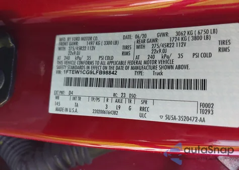 2020 Ford F-150 Limited из США, поврежденный, VIN 1FTEW1CG9LFB98842